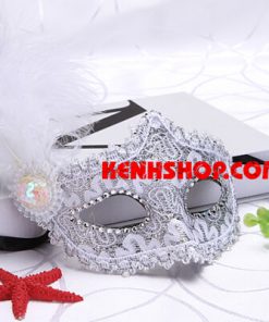 Mặt nạ công chúa nhỏ Venice phối ren lông vũ trắng tuyệt đẹp