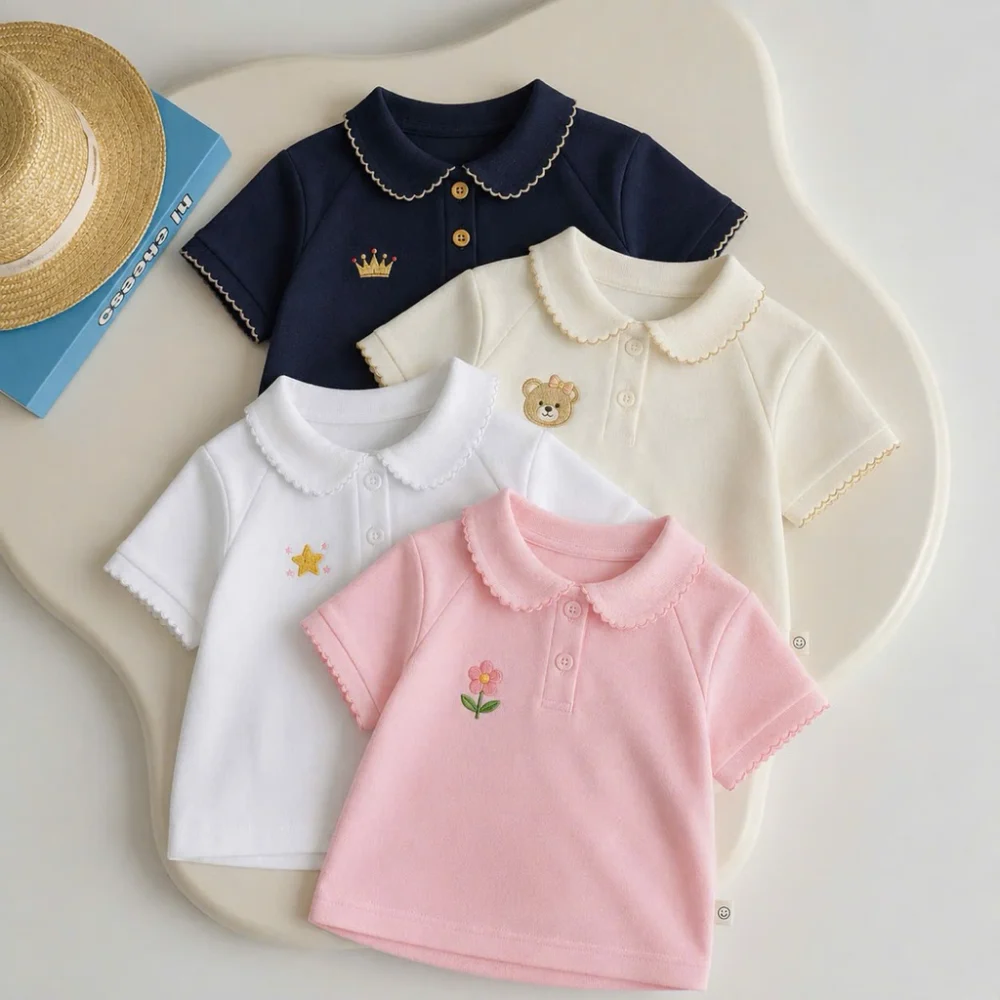 Áo Polo bé gái A89 - (A89) Áo Polo cộc tay cổ sen chạy viền thêu - đánh giá thực tế